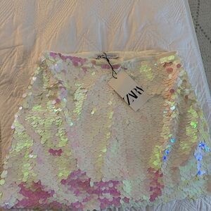 Zara Iridescent Sequin Mini Skirt - White BRAND NEW